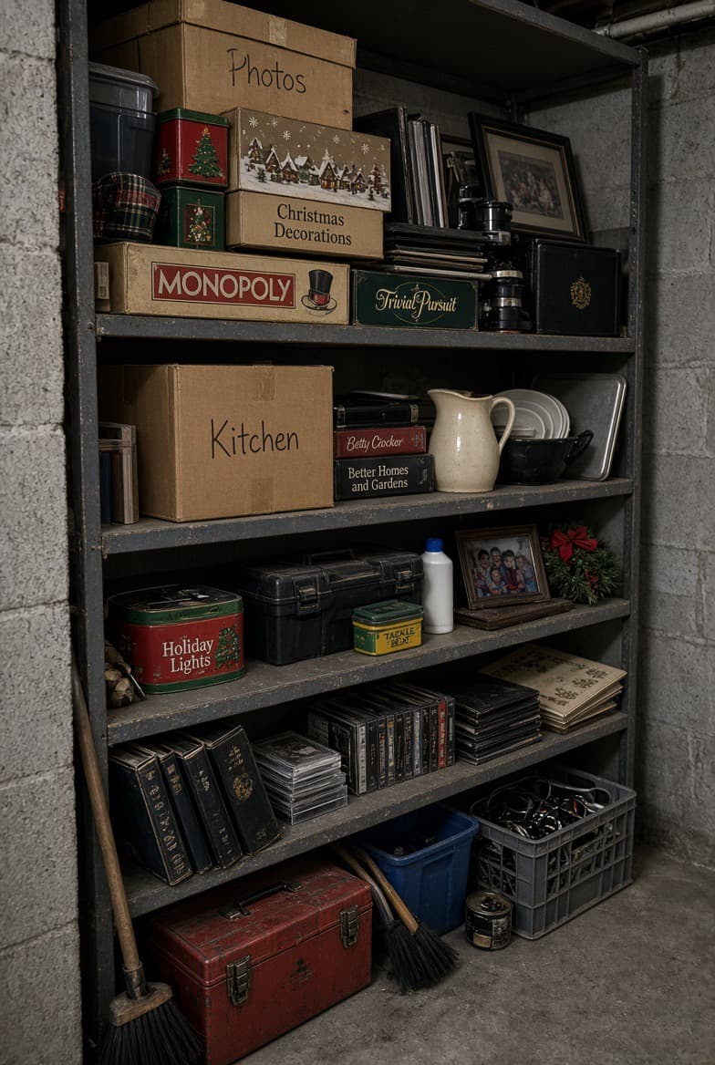 A basement storage shelf, labeled and organized ahead of a cleanout