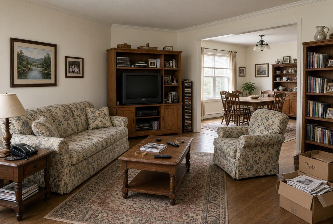 A living room mid-packing, with boxes ready to go